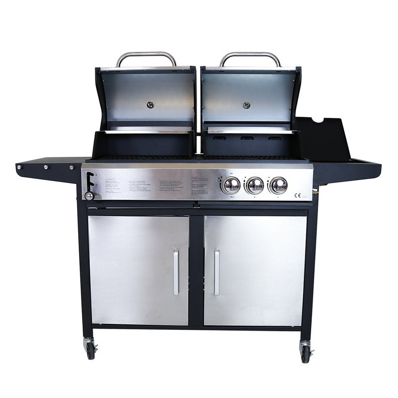 2+1 Burner Gas Grill & Charcoal Grill BBQ - Stainless Steel
