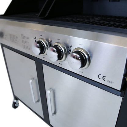 2+1 Burner Gas Grill & Charcoal Grill BBQ - Stainless Steel