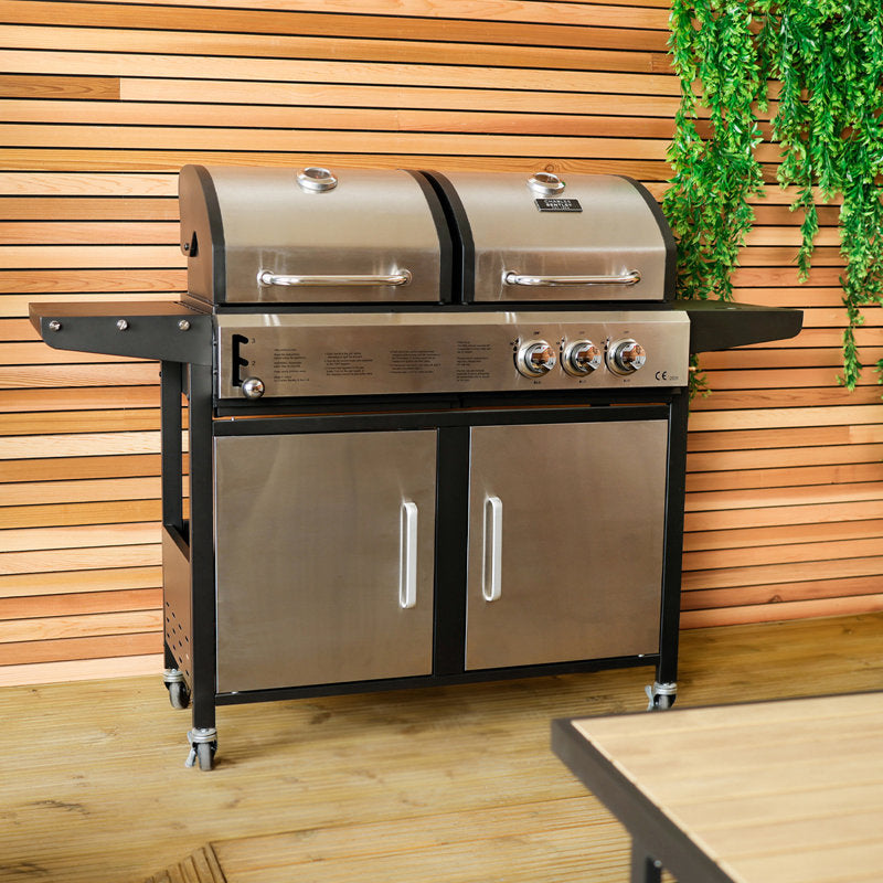 2+1 Burner Gas Grill & Charcoal Grill BBQ - Stainless Steel