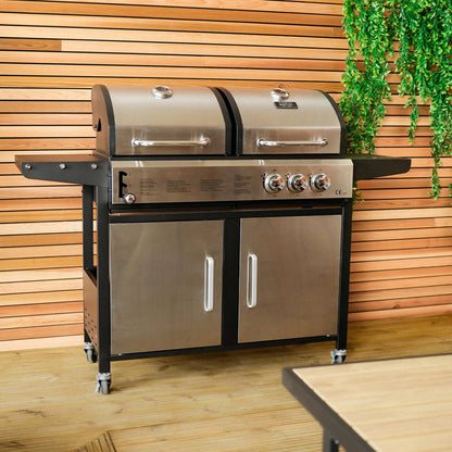 2+1 Burner Gas Grill & Charcoal Grill BBQ - Stainless Steel