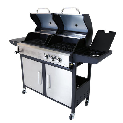 2+1 Burner Gas Grill & Charcoal Grill BBQ - Stainless Steel