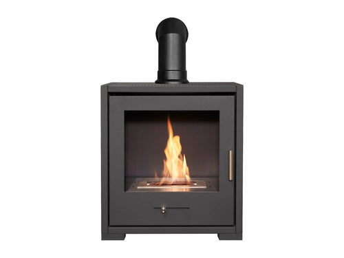 OKO S3 Bio Ethanol Stove in Charcoal Grey with Angled Stove Pipe