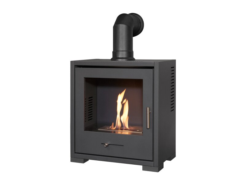 OKO S3 Bio Ethanol Stove in Charcoal Grey with Angled Stove Pipe