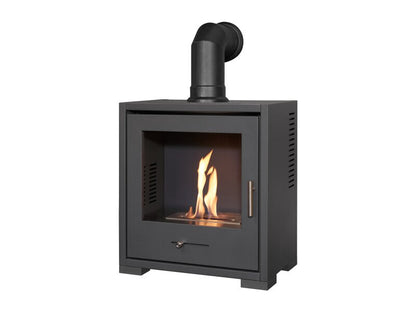 OKO S3 Bio Ethanol Stove in Charcoal Grey with Angled Stove Pipe