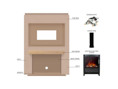 Acantha Pre-Built Stove Media Wall 2 with TV Recess & Keston Electric Stove in Black