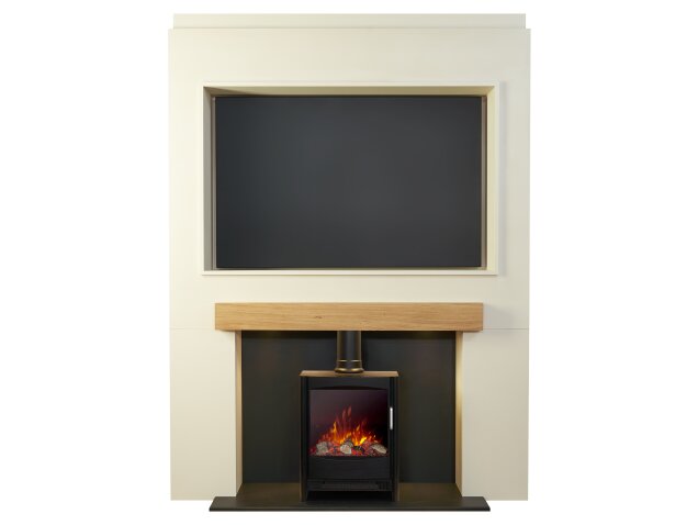 Acantha Pre-Built Stove Media Wall 2 with TV Recess & Keston Electric Stove in Black