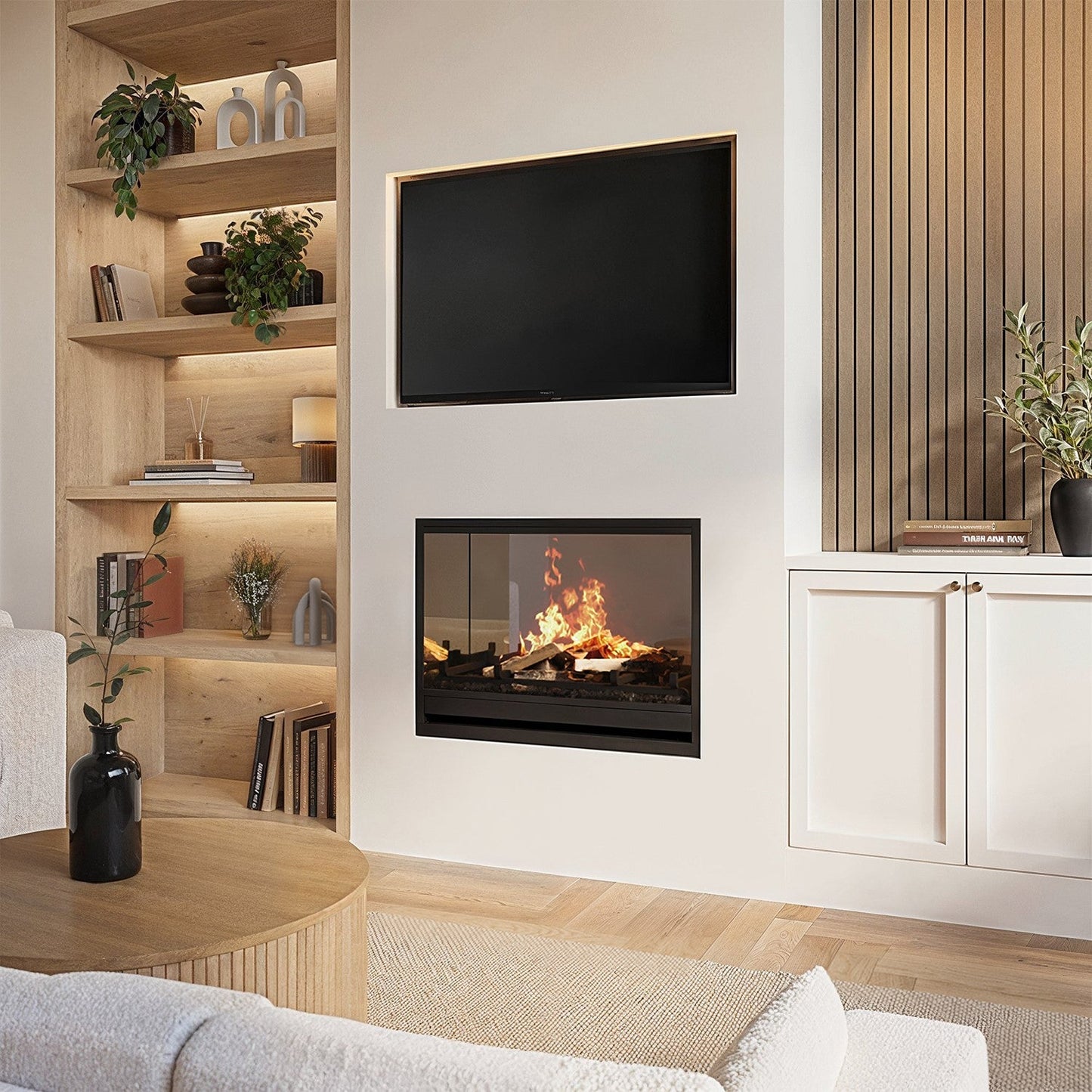 Premium Black 3-Sided Inset Electric Media Wall Fire Place with LCD Flame - 31 Inch - AmberGlo