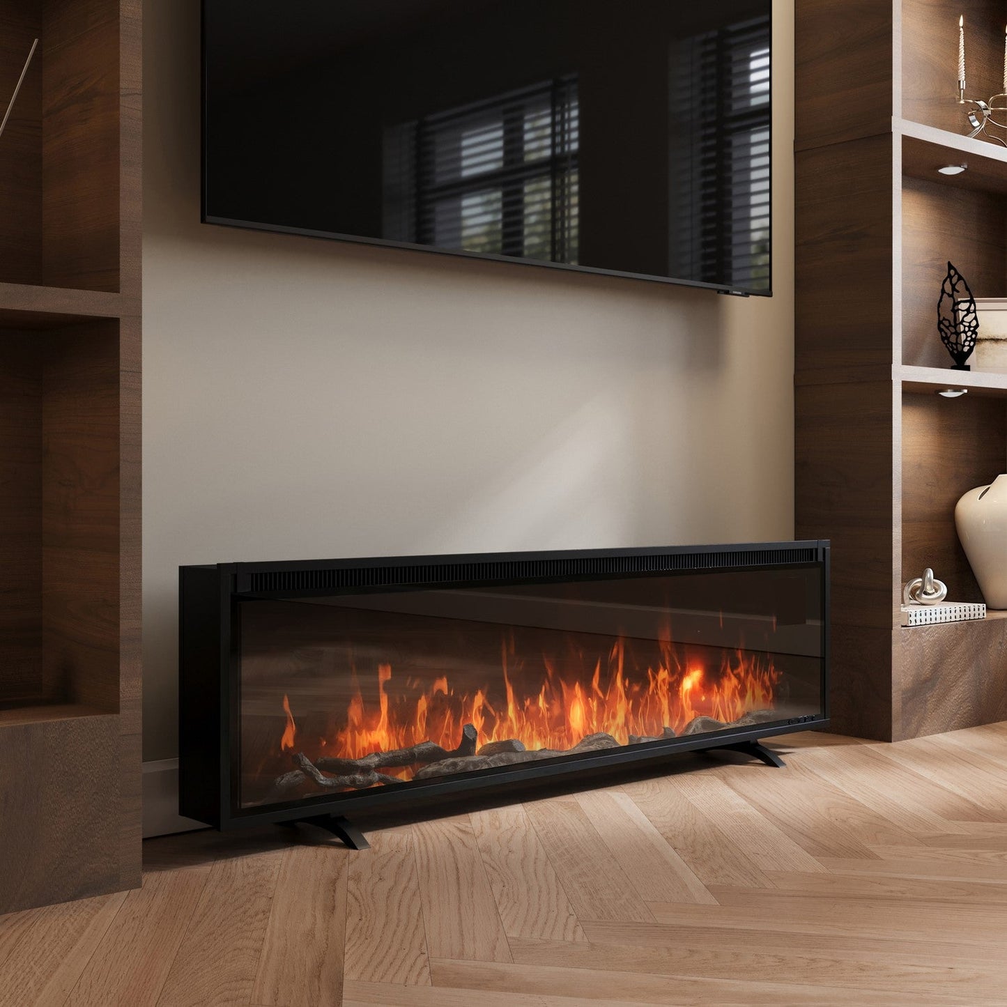 Black Slimline Inset Electric Media Wall Smart Fire Place - 60 Inch - AmberGlo