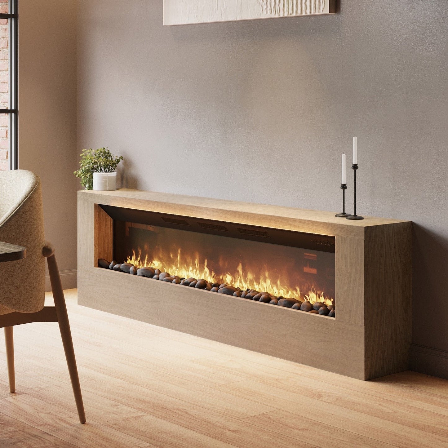 Wall-Mounted Electric Fire with Oak Surround and Remote Control - 70 Inch - AmberGlo
